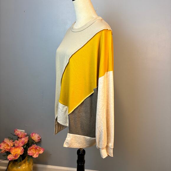 Bibi Asymmetrical Color Block Long Sleeve Shirt Neutrals Oversize Small - Picture 3 of 7